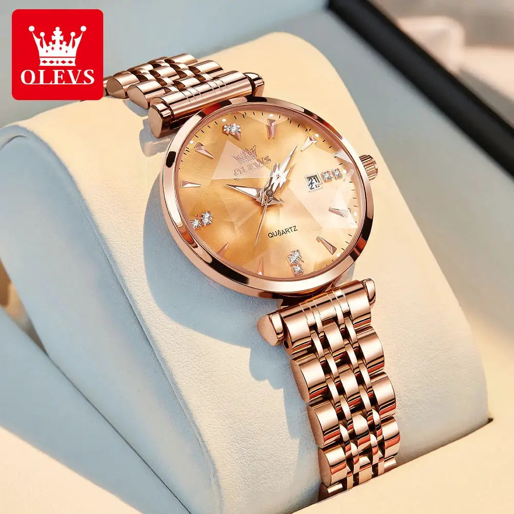 OLEVS brand beautiful women's watches Prism mirror waterproof fashion quartz watch for rose genuine date ladies wristwatch by All Mart Bristol Ltd
