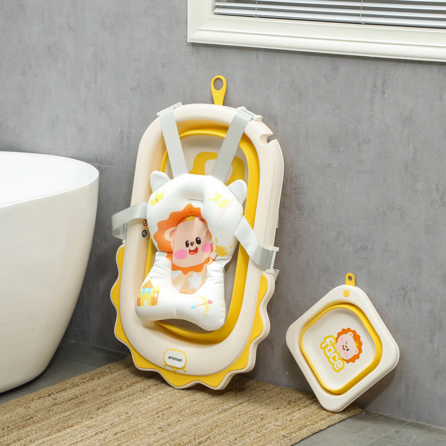 AIYAPLAY Foldable Baby Bath Tub Set with Bath Cushion, Wash Basin, Non-Slip Stand, Bottom, Yellow by All Mart Bristol Ltd