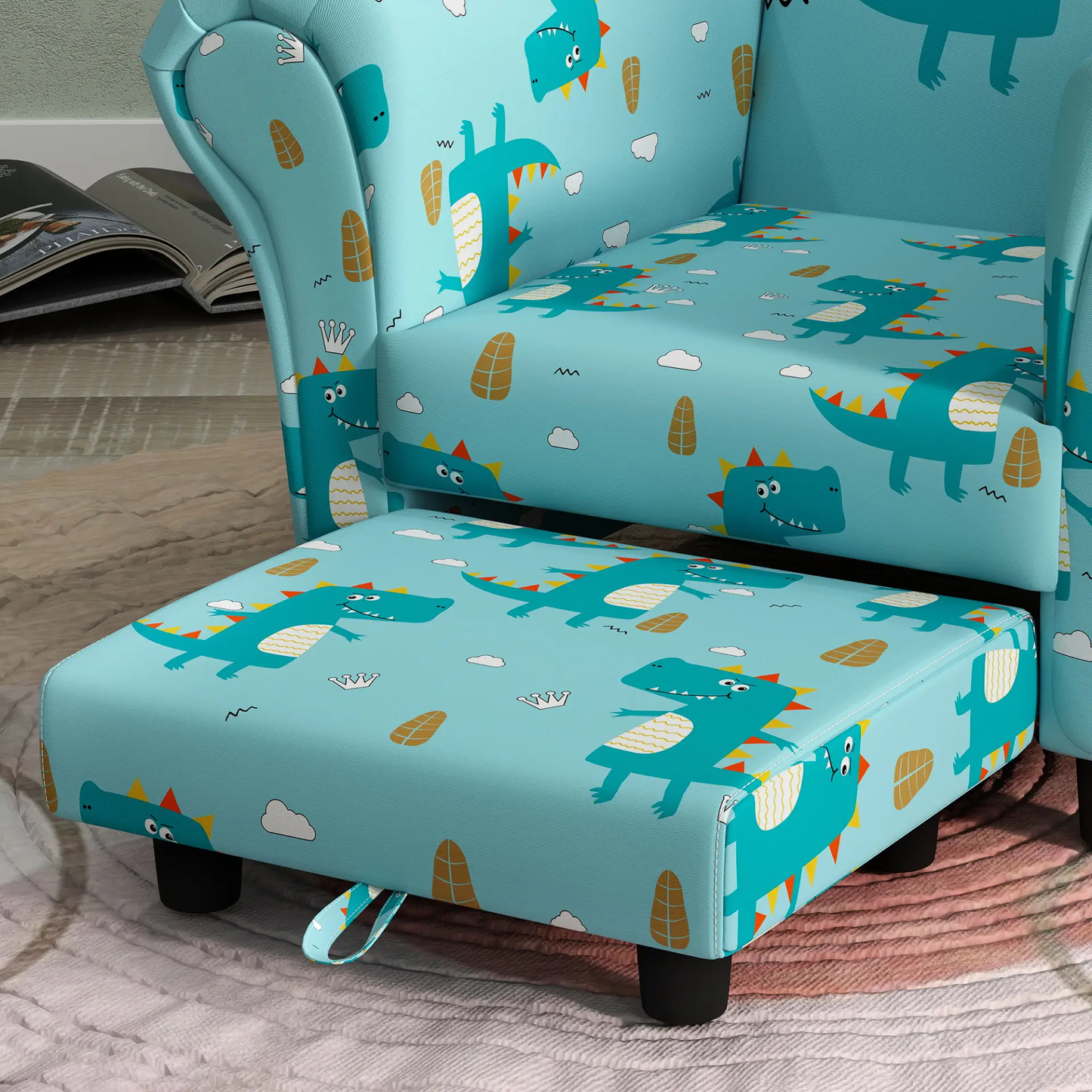 AIYAPLAY 2 Piece Kids Sofa Set with Dinosaur Design, Wooden Frame, for 1.5-3 Years Old, Blue by All Mart Bristol Ltd