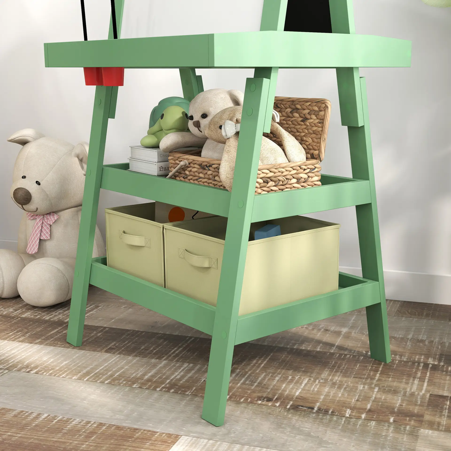 AIYAPLAY 3 in 1 Kids Easel Double-Sided Magnetic Whiteboard and Chalkboard with Paper Roll, Storage Baskets - Green by All Mart Bristol Ltd