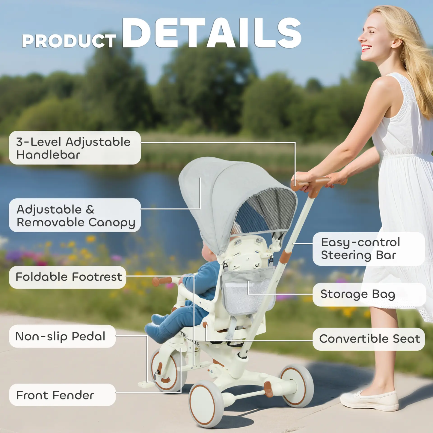 AIYAPLAY 5 in 1 Kids Trike with Adjustable Backrest, Toddler Tricycle with Push Handlebar, Adjustable Backrest, Cream White by All Mart Bristol Ltd