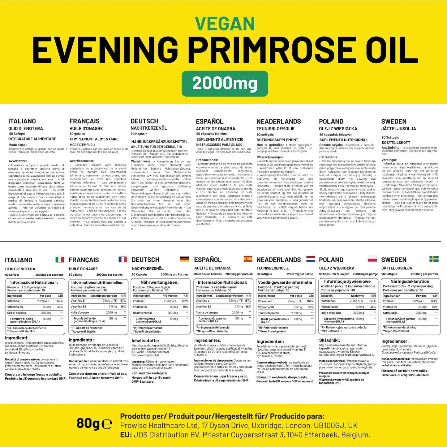 Vegan Evening Primrose Oil 2000mg with Vitamin E & B6 ? 60 Vegan Softgels| Pure Cold Pressed I 180mg GLA per Capsule I Women's Health I Premium Quality I by Prowise Healthcare by Prowise Healthcare