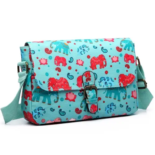 E1656 - Miss Lulu Matte Oilcloth Medium Elephant Print Satchel Light Blue by All Mart Bristol Ltd