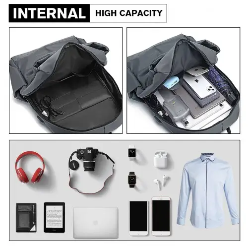 E6913 - Kono Water Resistant Travel Backpack with USB Charging Port - Grey by All Mart Bristol Ltd