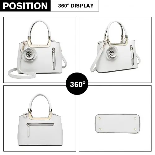 LG1847 - MISS LULU PU LEATHER ROSE HANGING ORNAMENT HANDBAG - WHITE by All Mart Bristol Ltd
