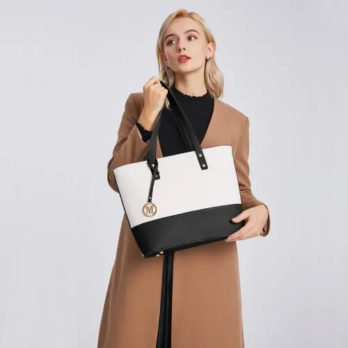 LG2023 - Miss Lulu Elegant 3-Piece Leather Look Tote Bag Set - Versatile & Chic for Every Occasion - Black And Beige by All Mart Bristol Ltd