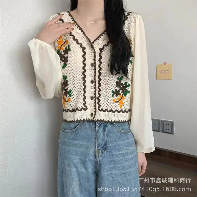 New Embroidered Lace Collar Short-Sleeved Chiffon Blouse for Women - Minimalist Chic Style, with Open and Loose Fit Top. by All Mart Bristol Ltd