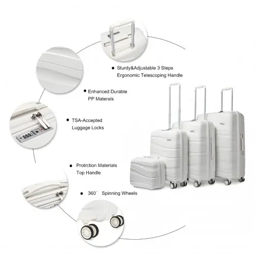 K2094L - Kono Lightweight Polypropylene Hard Shell 4 Piece Suitcase Set With TSA Lock And Vanity Case - Cream White by All Mart Bristol Ltd