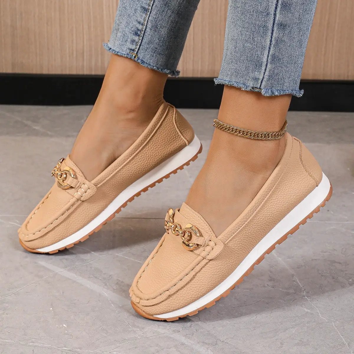 Women's Metal Chain Flat Slip-On Loafers by Dropshipman