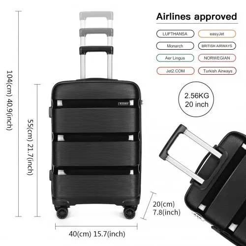 K2092L - Kono 20 Inch Bright Hard Shell PP Carry-On Suitcase In Cabin Size - Black by All Mart Bristol Ltd