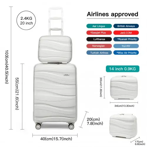 K2094L - Kono 14/20 Inch Lightweight Polypropylene Hard Shell 2 Piece Suitcase Set With TSA Lock And Vanity Case - Cream White by All Mart Bristol Ltd