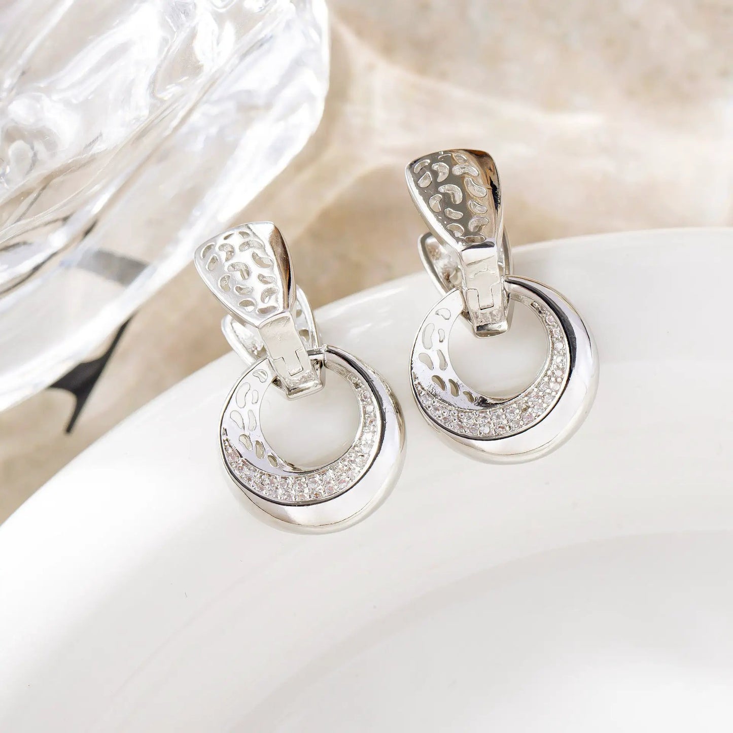 Luxury Hollow Round Moon Rose Gold Silver Color Drop Earrings For Women Micro-wax Inlay Natural Zircon Flower Bridal Wedding Daily Jewelry For Women by Dropshipman