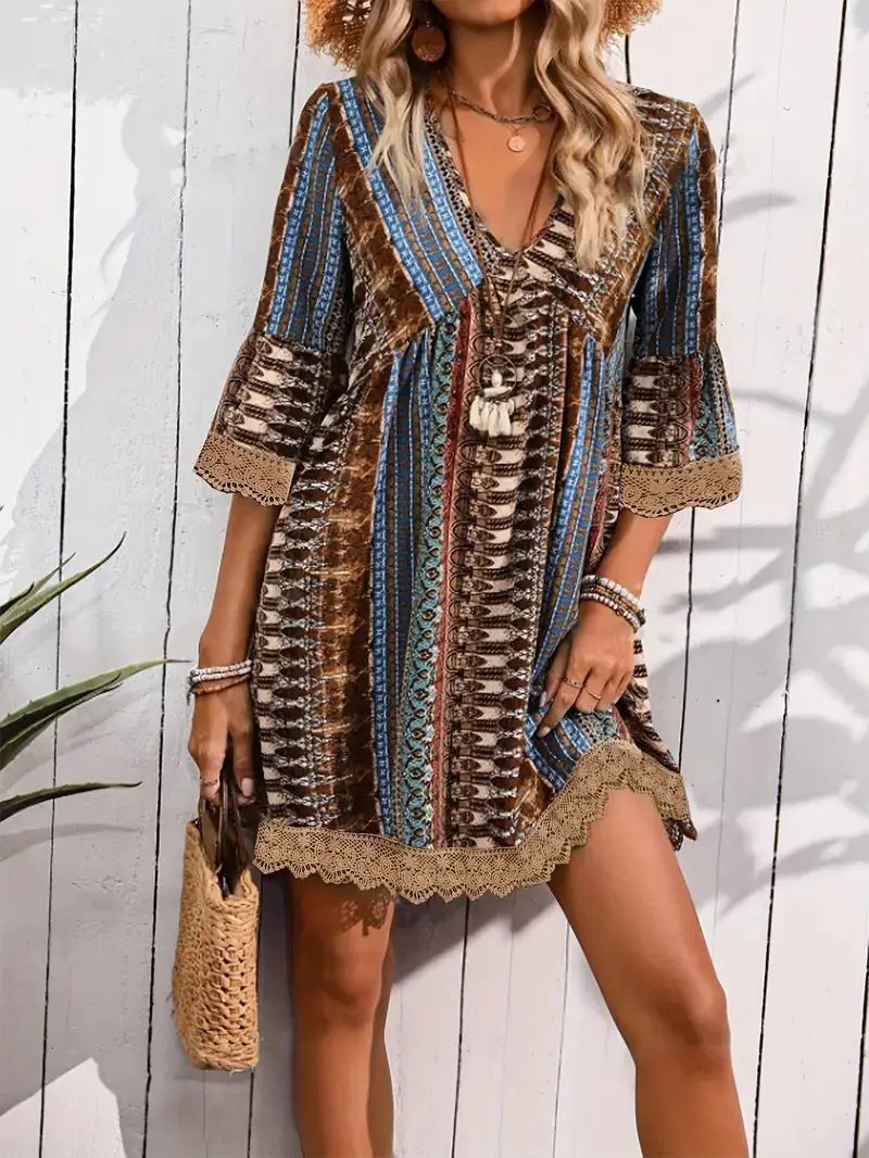 Bohemian Style V-neck Printed Dress Fashion Casual Loose Beach Dresses For Women by Dropshipman