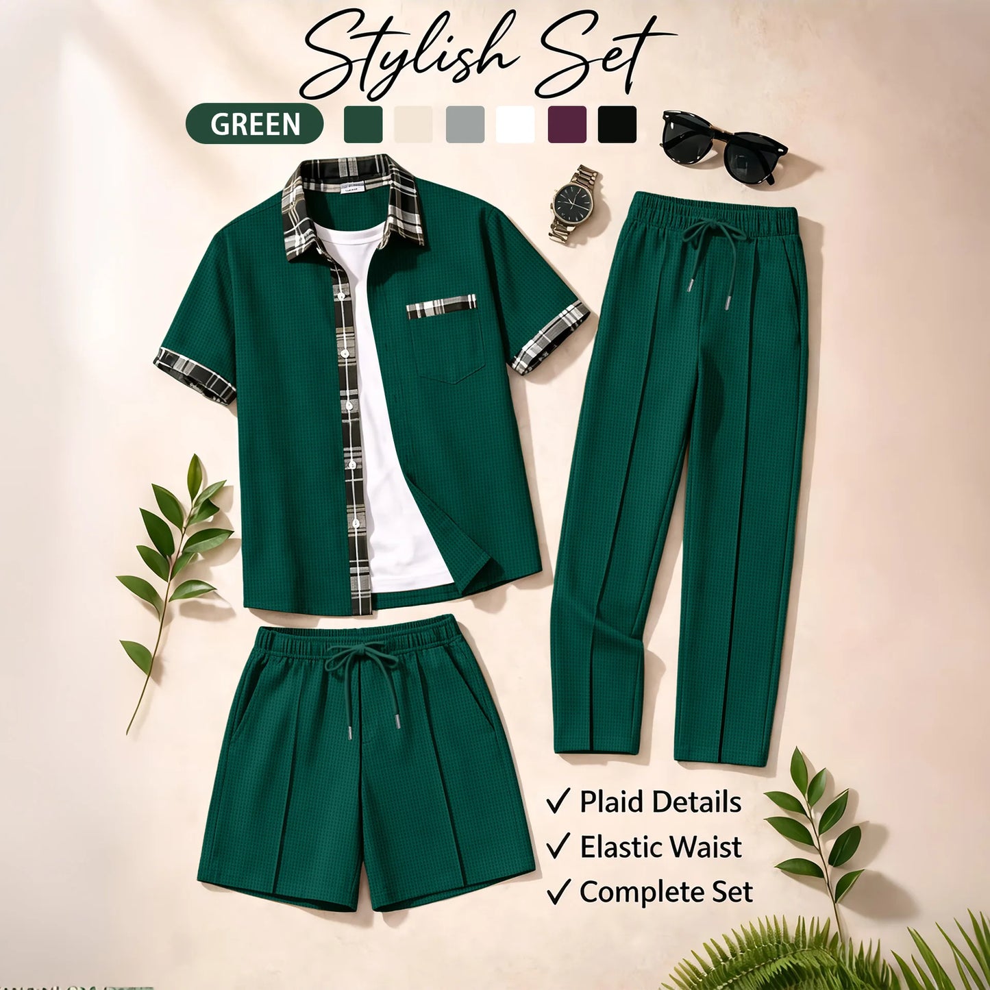 Men's 3 Piece Waffle Knit Tracksuit | Plaid Trim Button Up Shirt & Elastic Waist Shorts & Pants Set | Casual Stylish Outfit for by All Mart Bristol Ltd