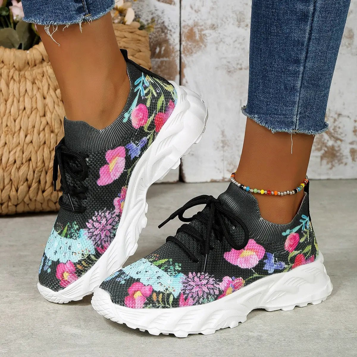 Women's Sports Shoes Flowers Print Walking Sneakers Casual Breathable Lace-up Mesh Shoes by Dropshipman