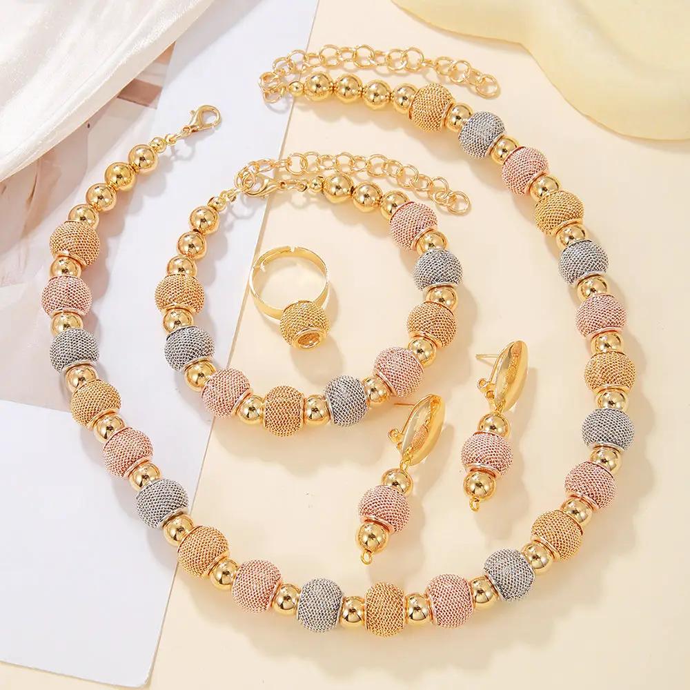 5Pcs Fashionable Metallic Beaded Necklaces Two Color Gold Bead Earrings Bracelets Suitable For Daily Wear Holiday Jewelry Gifts by Dropshipman