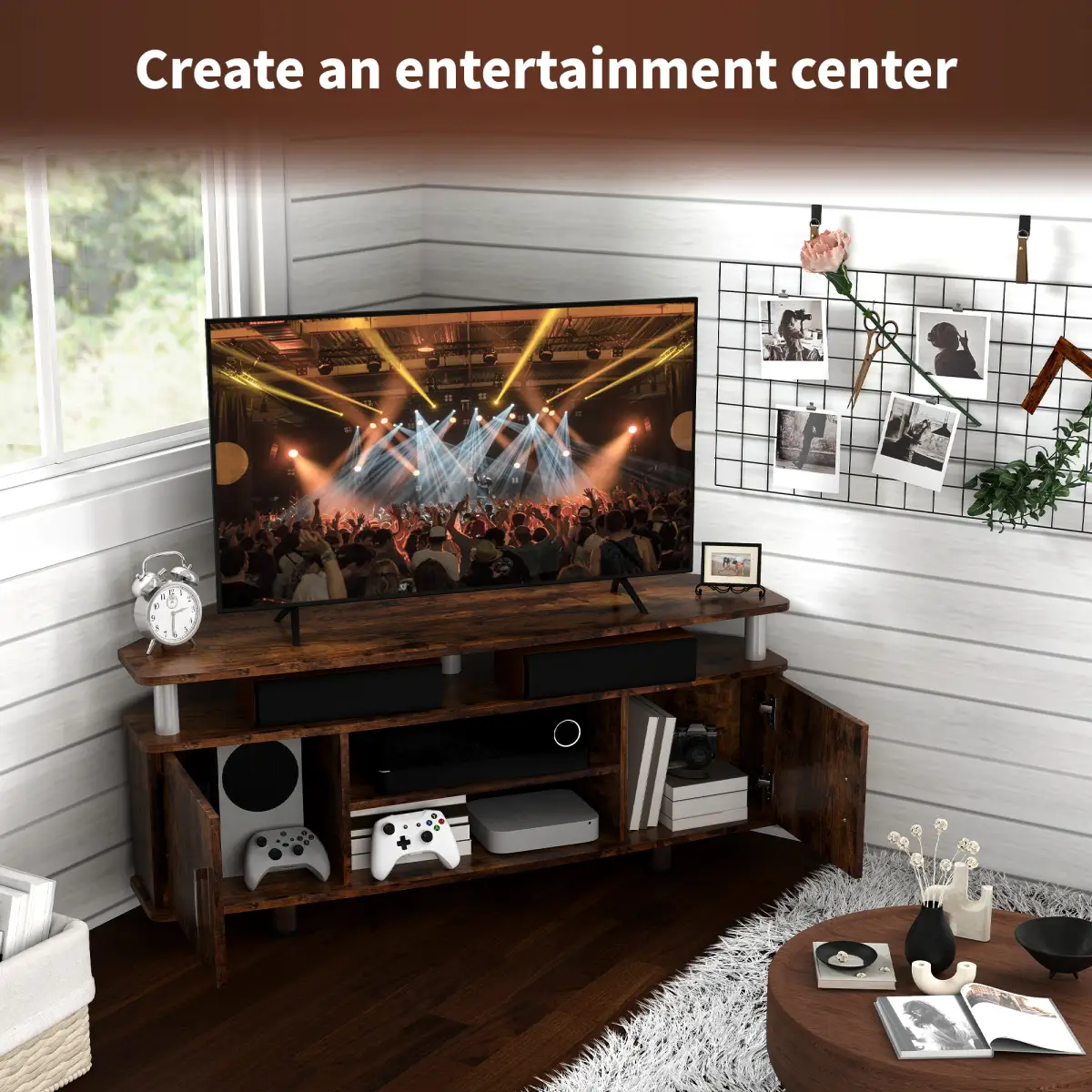HOMCOM TV Unit Cabinet with Storage Shelves Entertainment Center Rustic Brown by HOMCOM