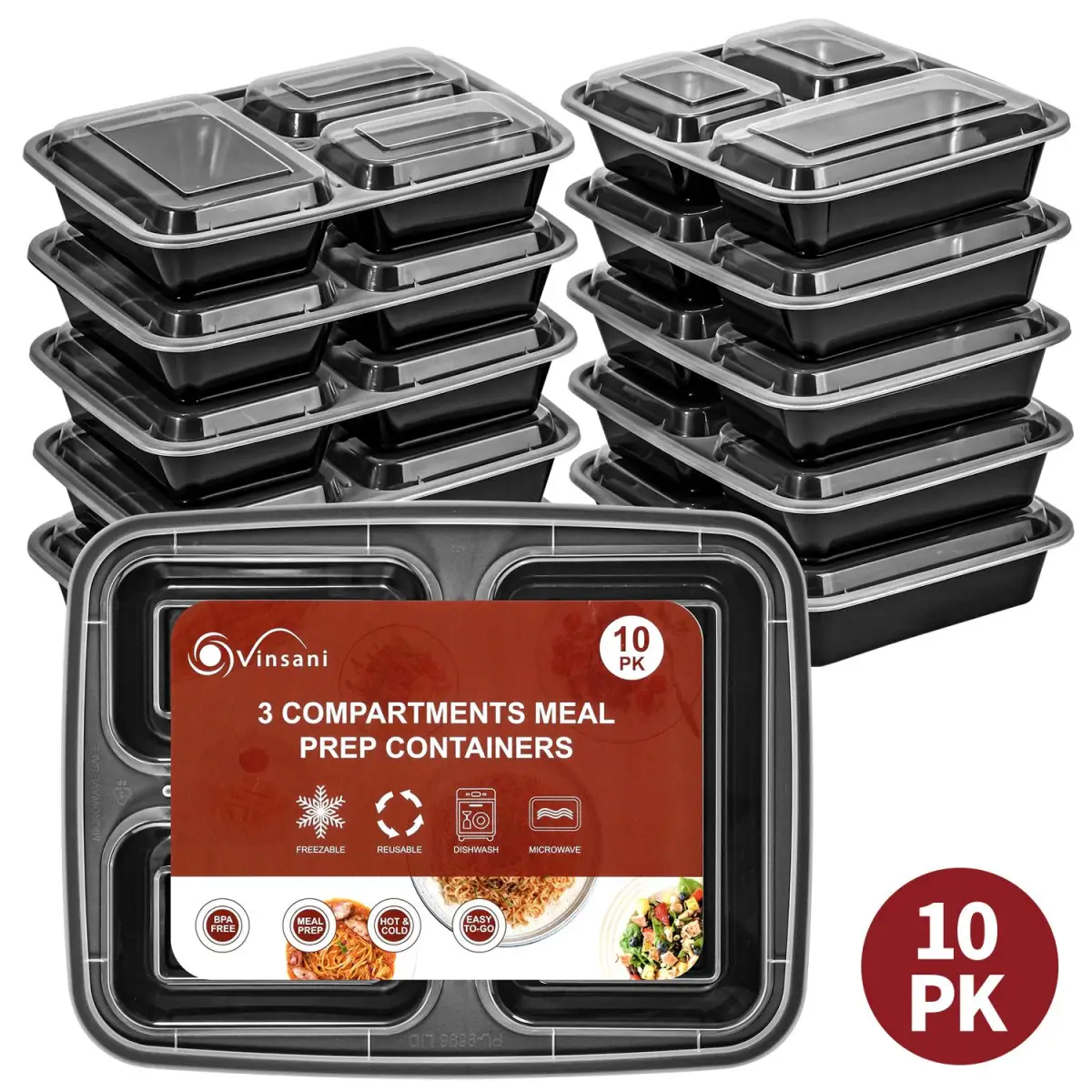 VINSANI 30pk 3 COMPARTMENTS MEAL PREP CONTAINERS 1010478 by Vinsani