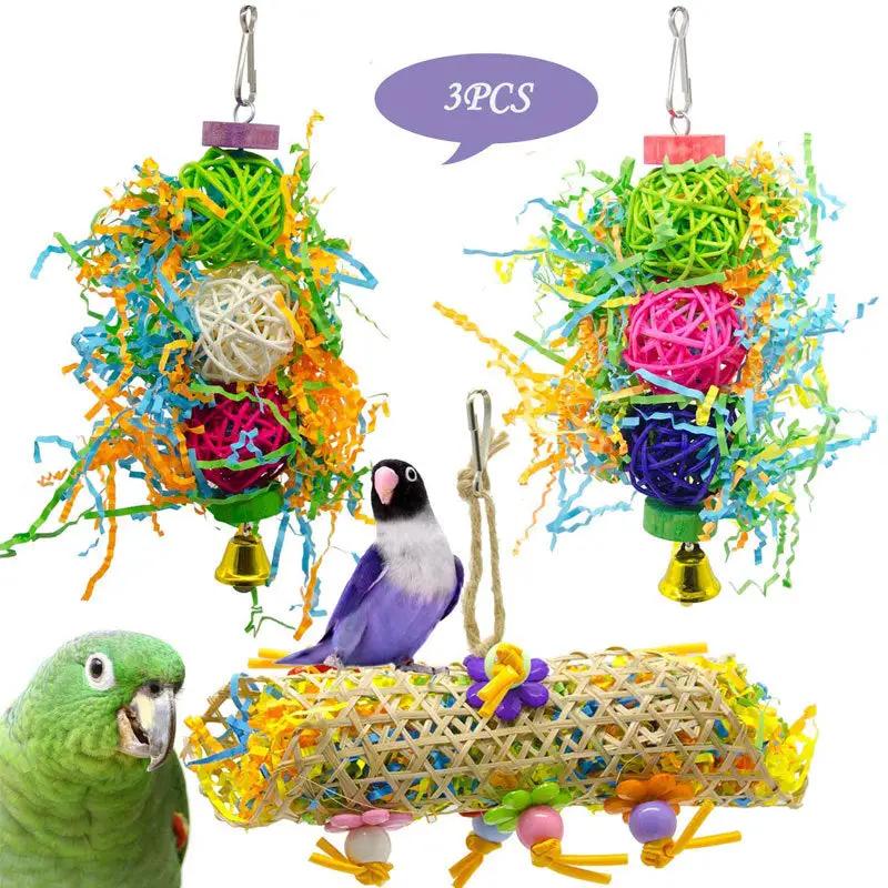 3pcs Bird Toy Parrot Gnawing Supplies Utensils Brushed Rattan Ball Grass Wooden Toys by Dropshipman