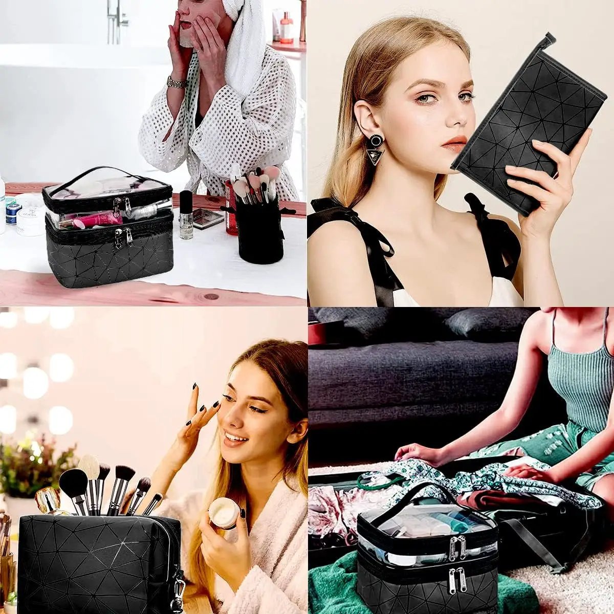 Stylish 3-Piece Makeup Bag Set - Double Layer Cosmetic Organizer + 2 Travel Toiletry Bags with Diamond Pattern for Men and Women (Black) by All Mart Bristol Ltd