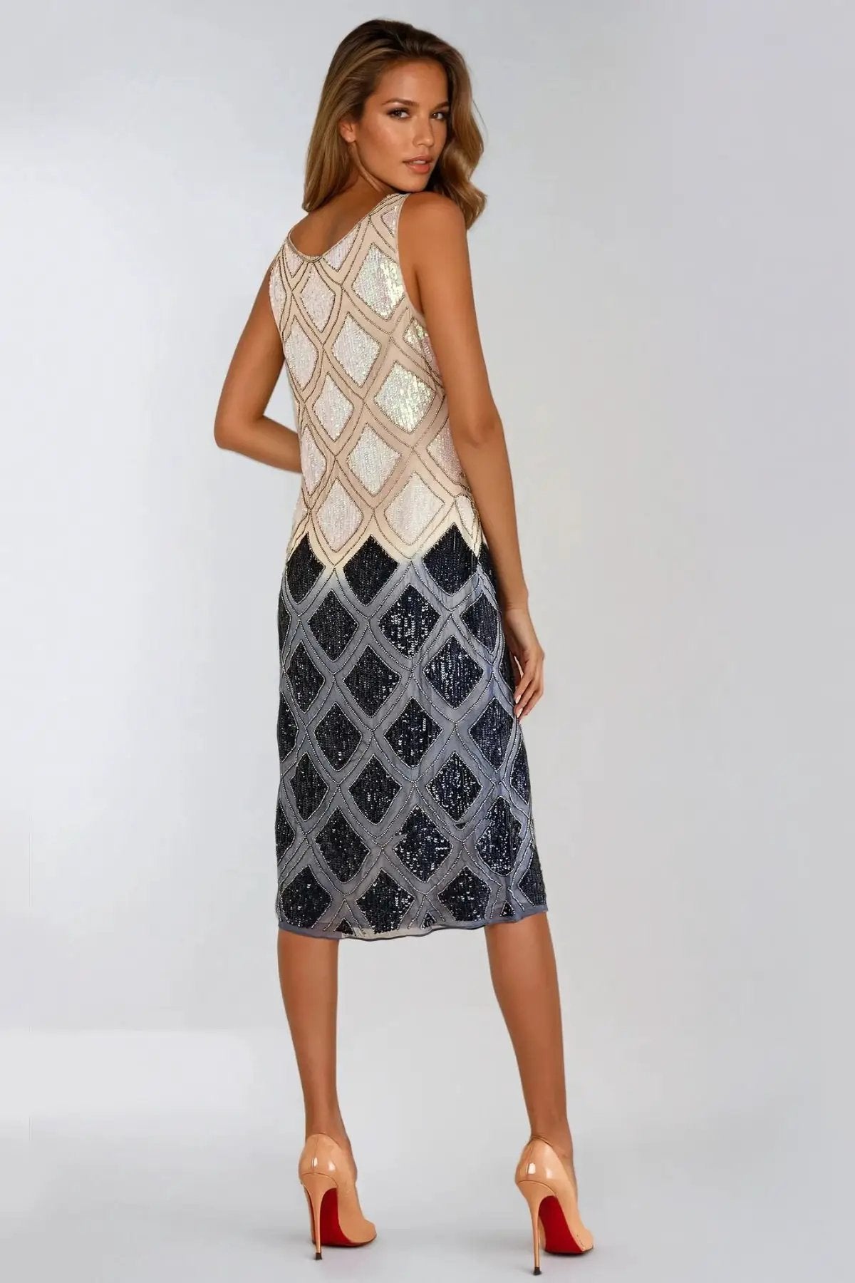 Navy Beige Sequin Diamond Pattern Midi Dress by Aftershock London