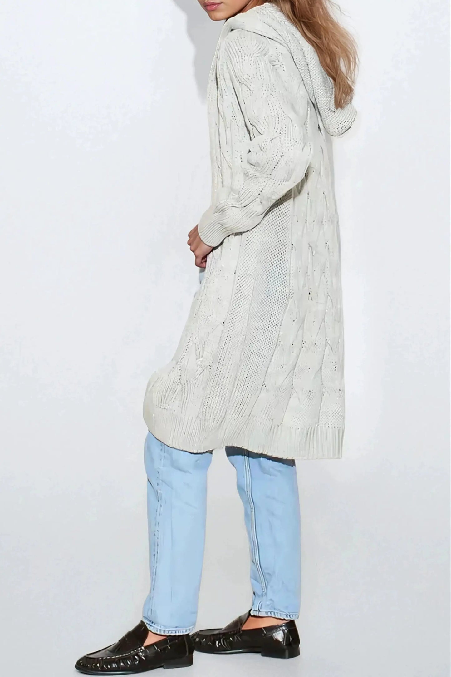 Silver Grey Hooded Cable Knitted Longline Cardigan by Aftershock London