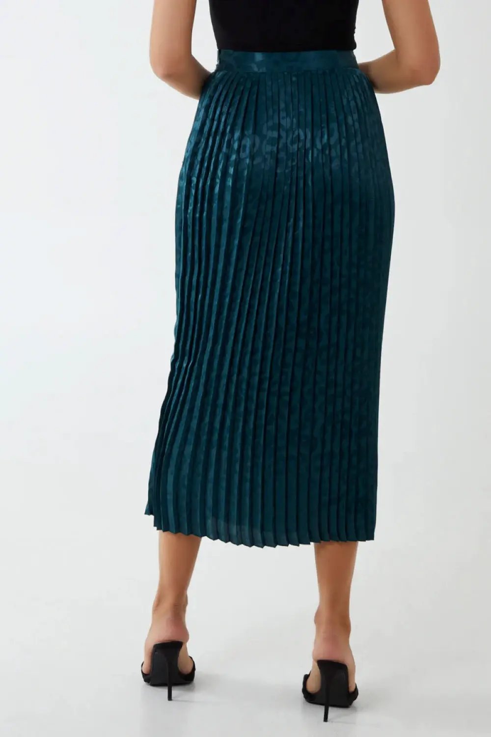 Green Leopard Print Pleated Midi Skirt by Aftershock London