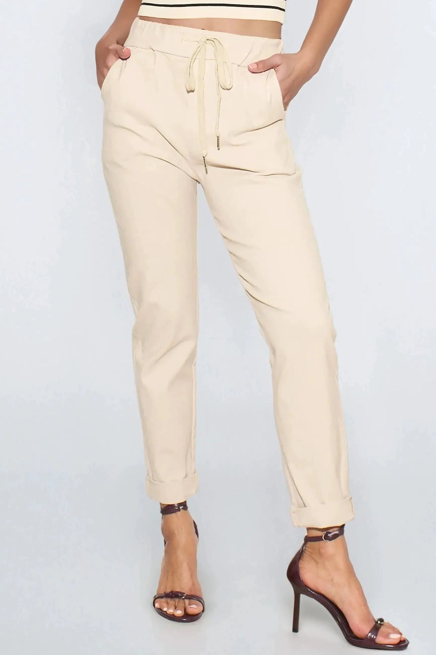Beige Stretch Drawstring Trousers by Aftershock London