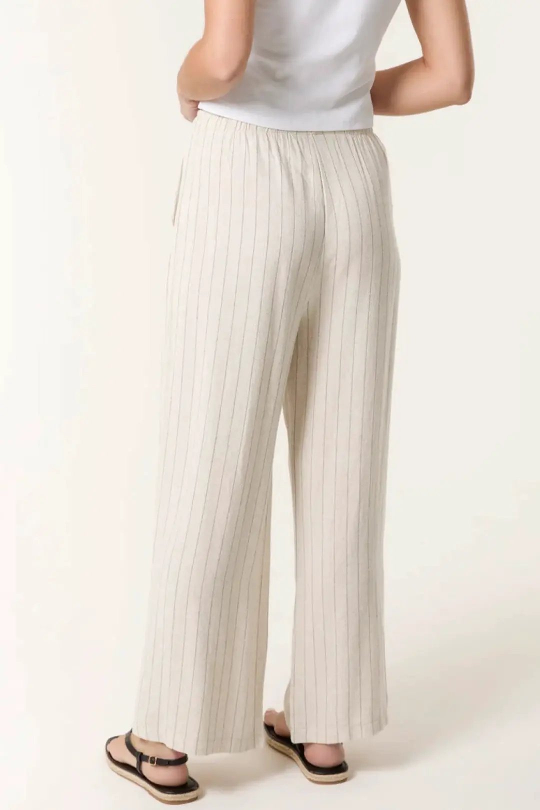 Beige Linen Blend Pin Striped Wide Leg Trousers by Aftershock London