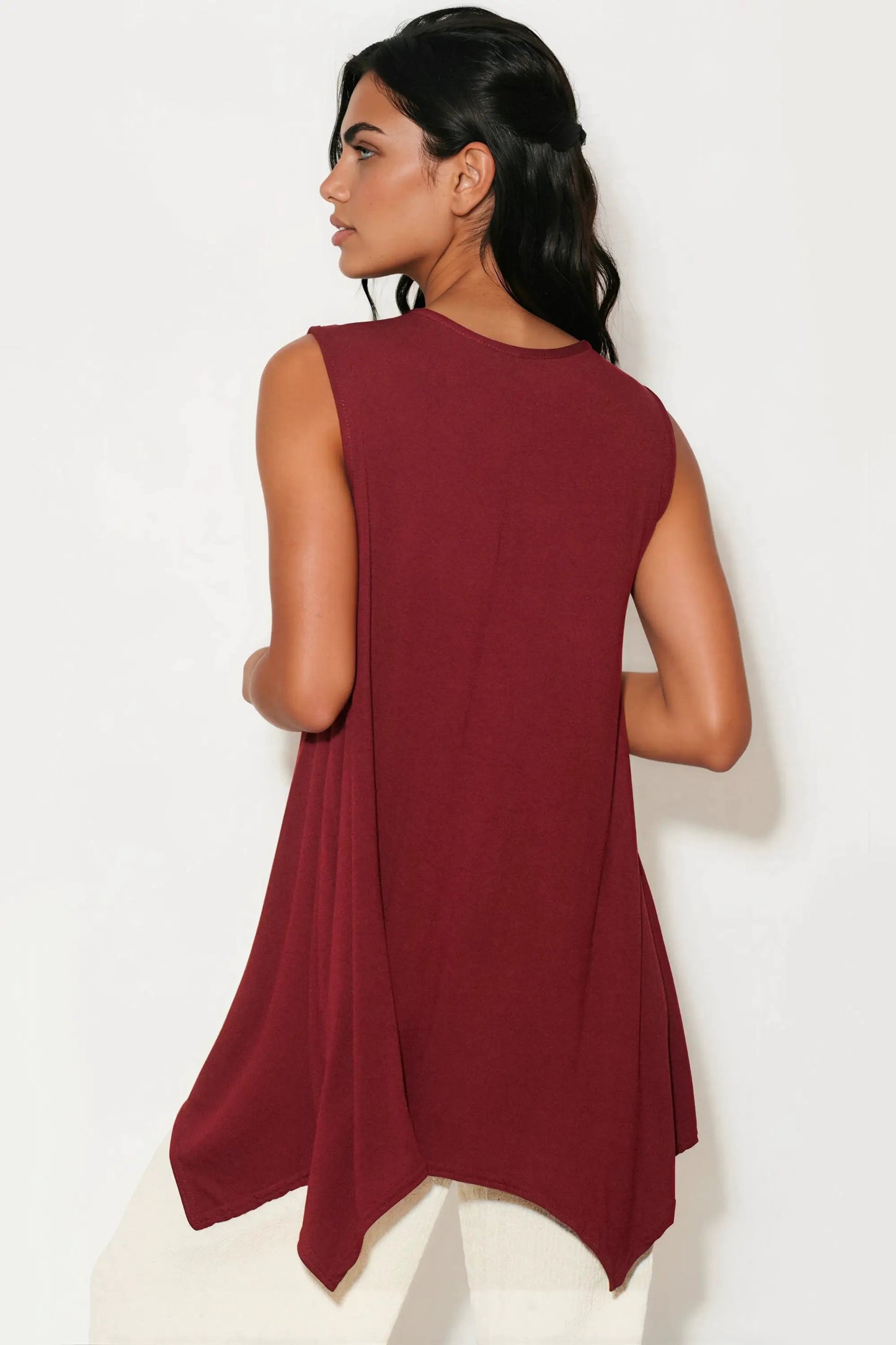 Wine Sleeveless Top With Asymmetric Hem by Aftershock London