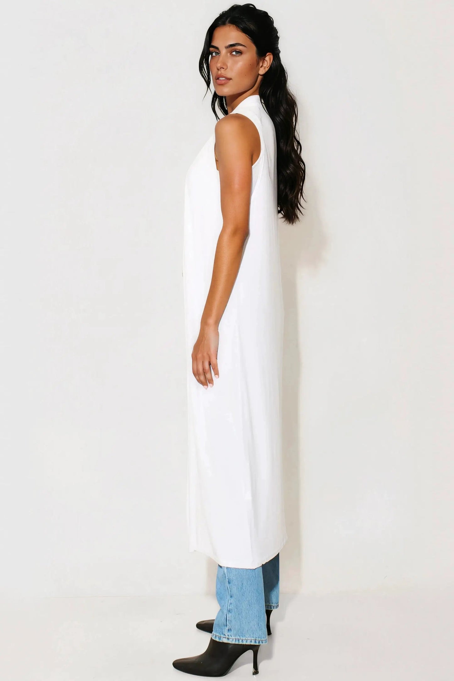White Sleeveless Longline Maxi Cardigan by Aftershock London