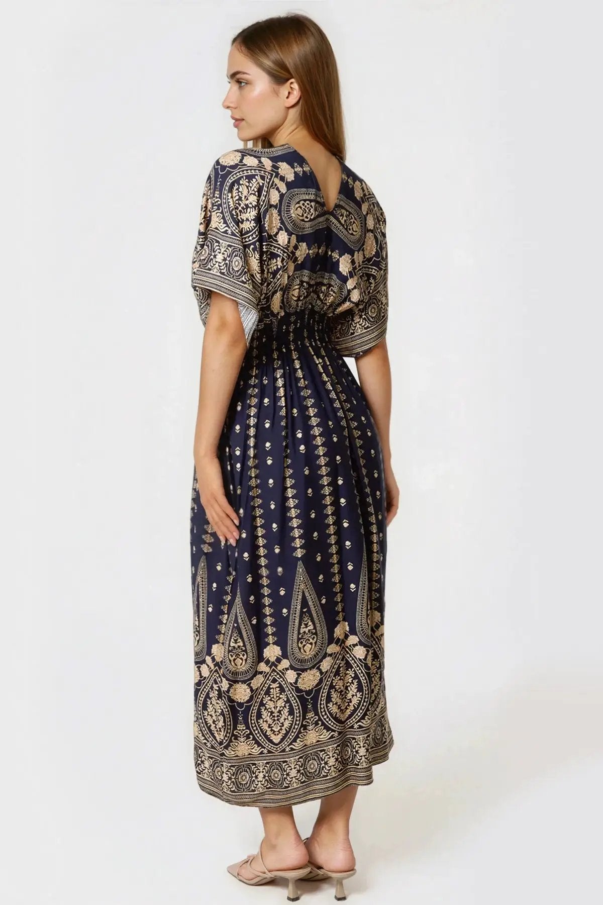 Navy Shirred Kimono Maxi Dress by Aftershock London