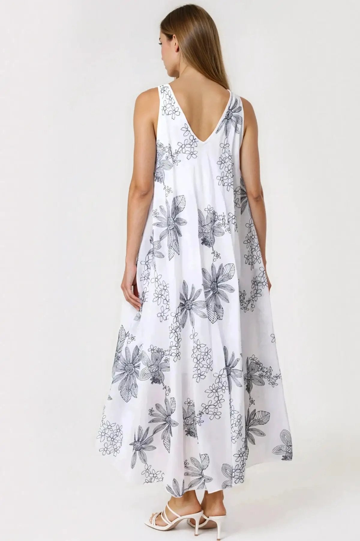 White and Navy Floral Embroidered Cotton Maxi Dress by Aftershock London