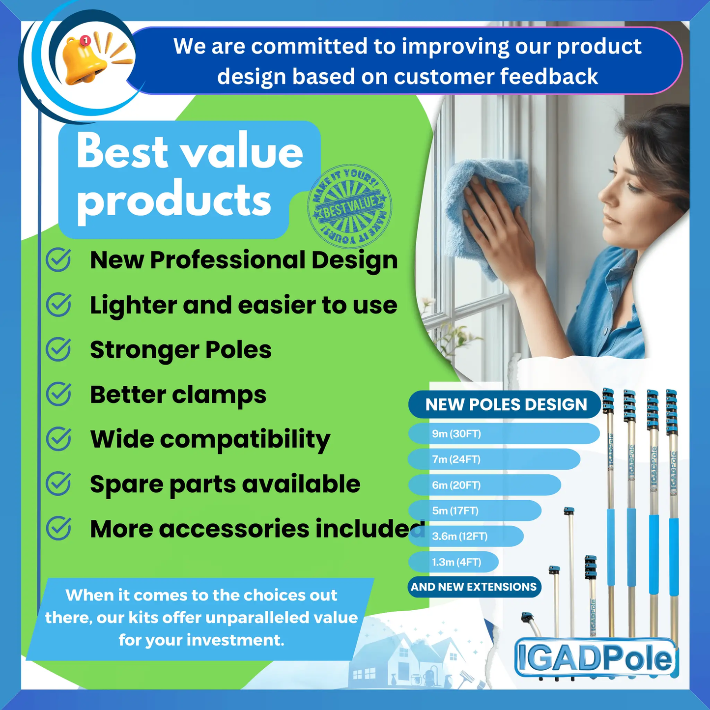 IGADPole 10"(25cm) Soft Bristle Water-Fed Brush Only, 30ft(10m) Long Light Hose, ACME and IGAD new Connector compatible (no pole included) by IGADPole