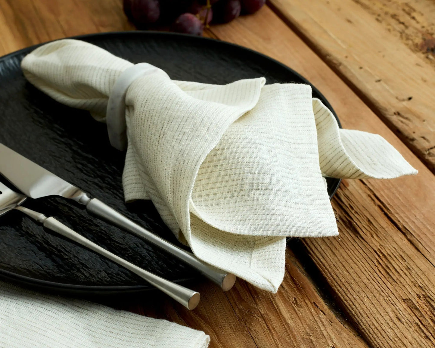 Beaune Linen Table Napkin White with Lines Pattern Set by What a Host