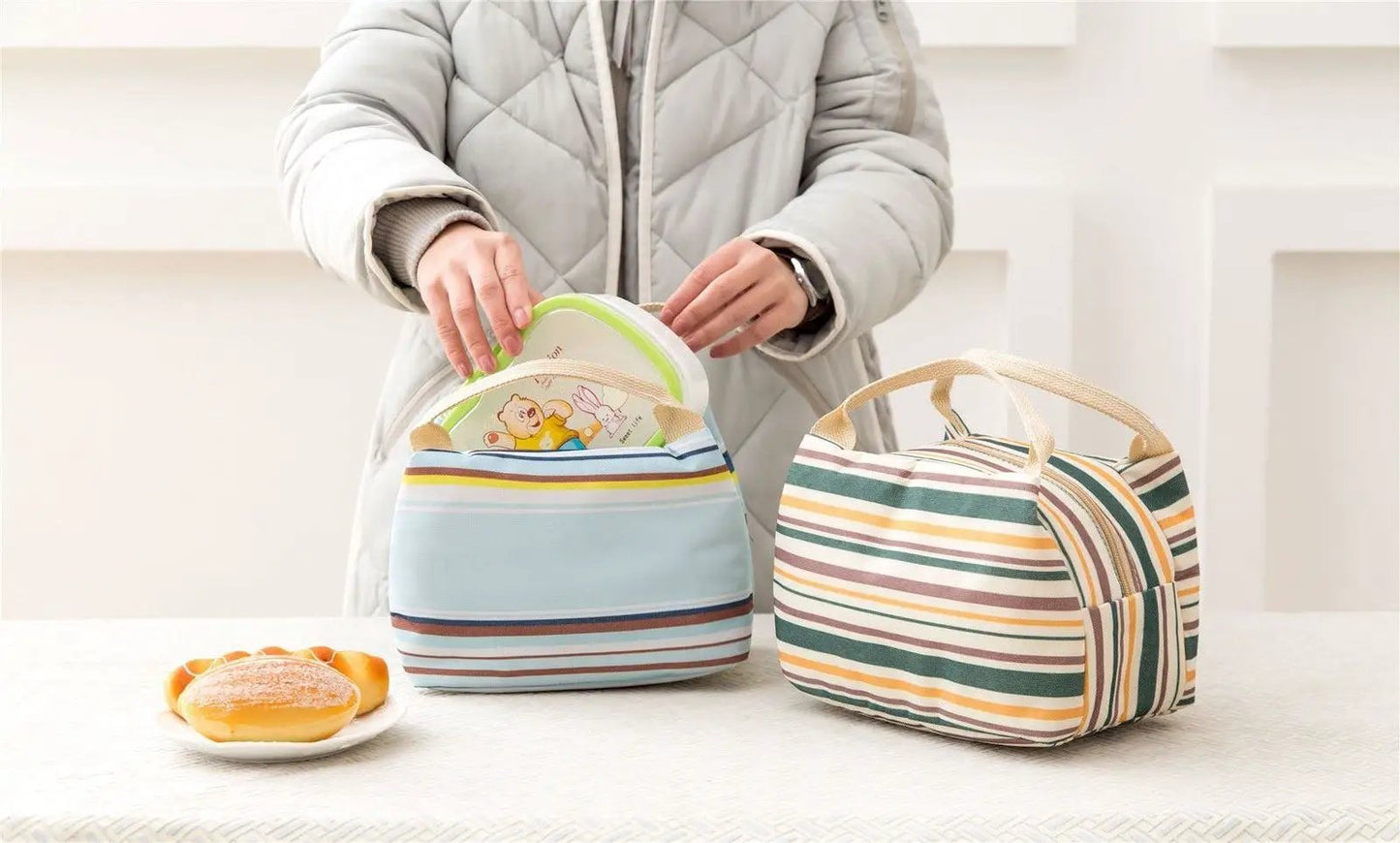 Vinsani Insulated Striped Canvas Thermal Lunch Bag Reusable Portable Cooler Bag Lightweight Convenient Foldable for Work School Picnic Office Adults & Kids by Vinsani