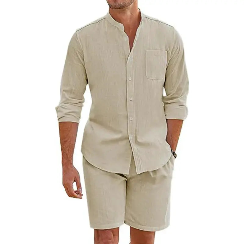 Daily Casual Breathable Cotton Linen Outfits Mens Vintage Stand Collar Button-up Shirts And Shorts Sets For Men Clothing Summer by All Mart Bristol Ltd