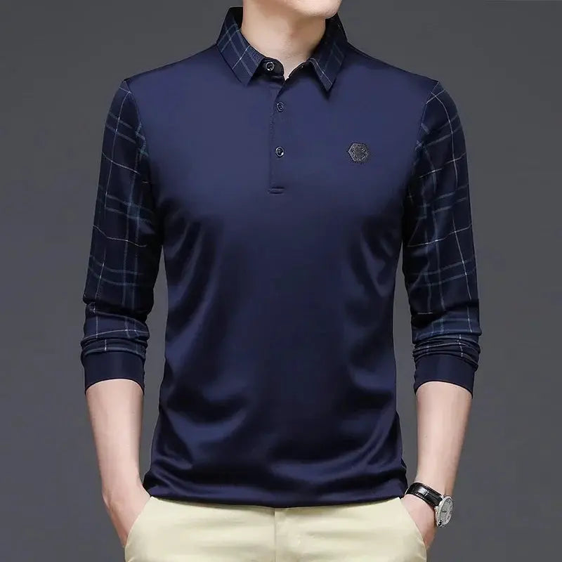 BROWON Long Sleeve T Shirt Men Spring and Autumn Business Casual Slim Turn-down Collar Geometric Pattern Tshirt Men Clothing by All Mart Bristol Ltd