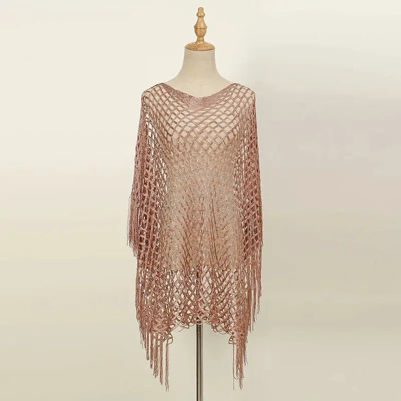 Sexy Lace Shawls for Women Solid Color Gold and Silver Wire Hollow Out Long Pareos with Tessles Muslim Female's Stole by All Mart Bristol Ltd
