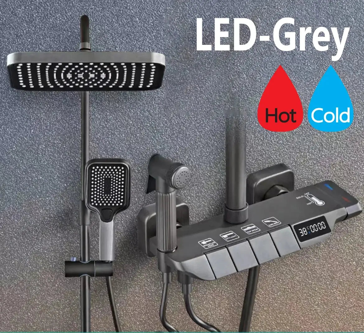 Grey Shower System Set Bathroom Digital LED Rain Showers Faucet Brass Bath Thermostat Rainfall Shower 4 Way with Bidet Taps Sets by All Mart Bristol Ltd