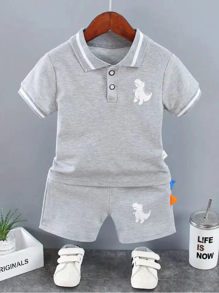 Infant Baby Boy Sets Summer Clothing Casual Sport Suit POLO Shirt + Shorts 2Pcs Set Boys Kids Grey Dinosaur Print Tracksuit by All Mart Bristol Ltd