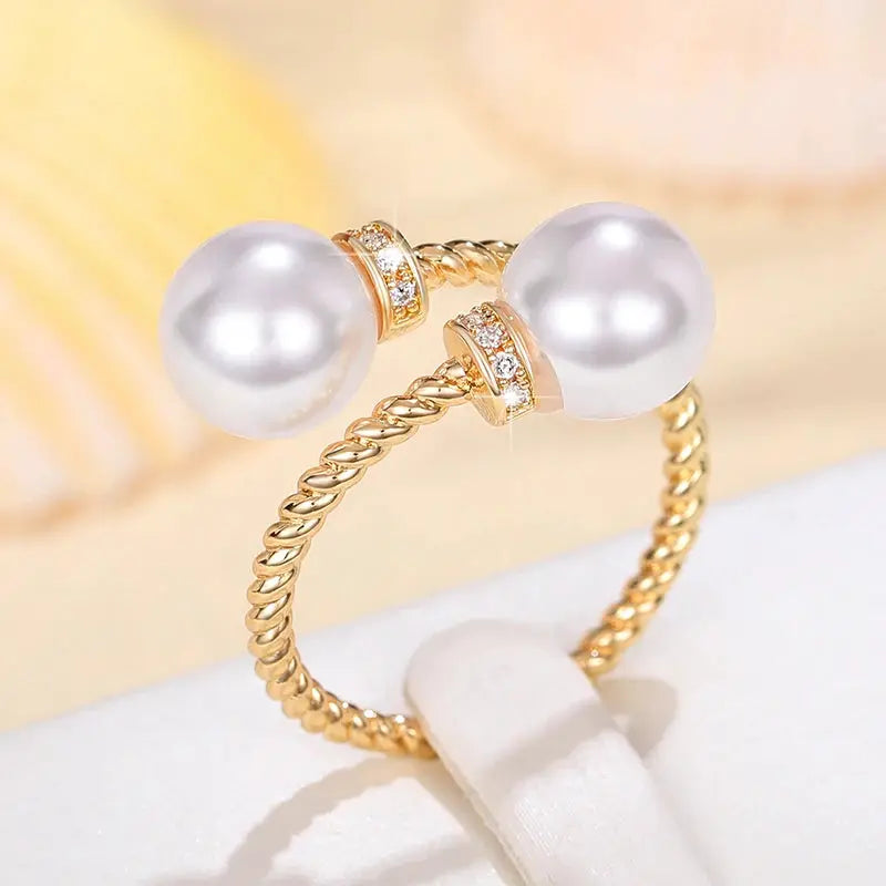 Huitan Temperament Double Imitation Pearl Open Ring Twist Gold Color Band New Fashion Women's Accessories Wedding Jewelry 2023 by All Mart Bristol Ltd