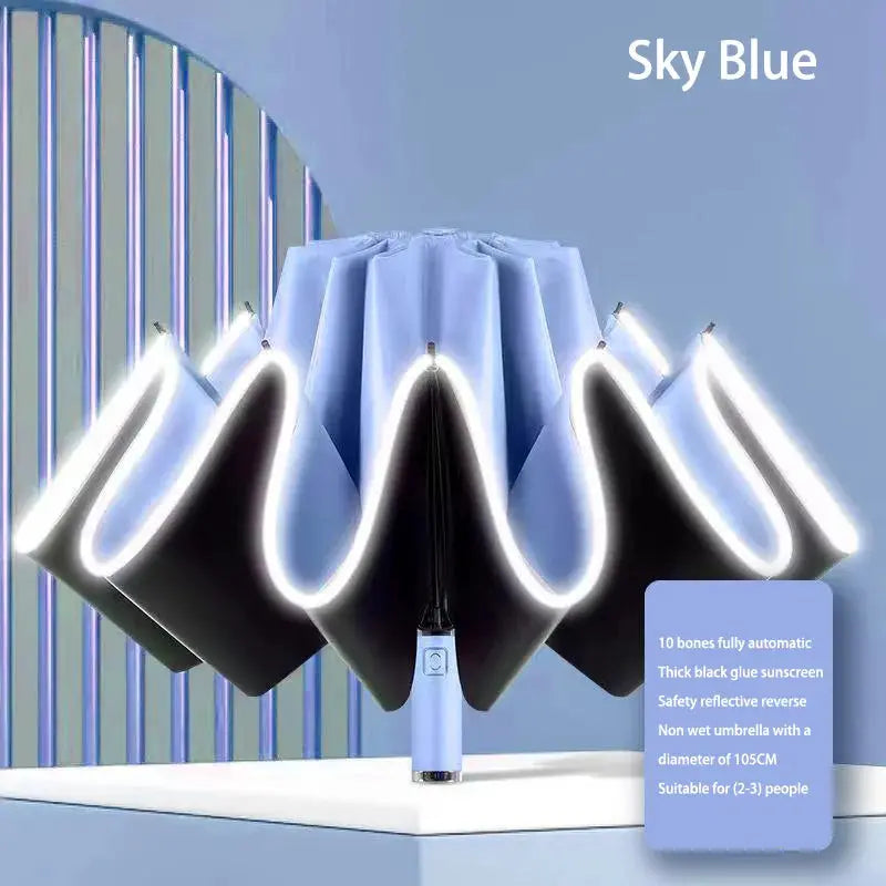Umbrella Windproof Strong With Reflective Stripe Reverse Automatic Fold Umbrella UV Umbrella Insulation Portable Parasol by All Mart Bristol Ltd