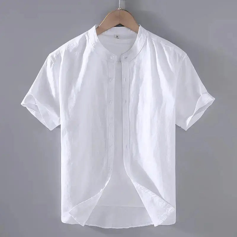 Men's Cotton Linen Short-Sleeved Shirt Summer Streetwear Plain Color Stand Collar Casual Beach Style plus Size M-3XL by All Mart Bristol Ltd
