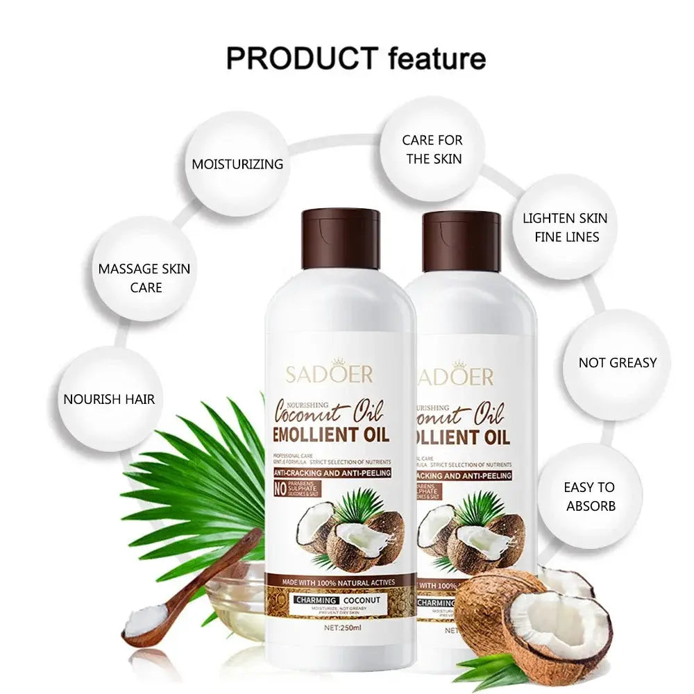250ml Coconut Sooth Dry Skin Lighten Fine Lines Face Massage Oil Nourishes Hair Removes Frizz Hair Care Oil Firming Body Oil by All Mart Bristol Ltd