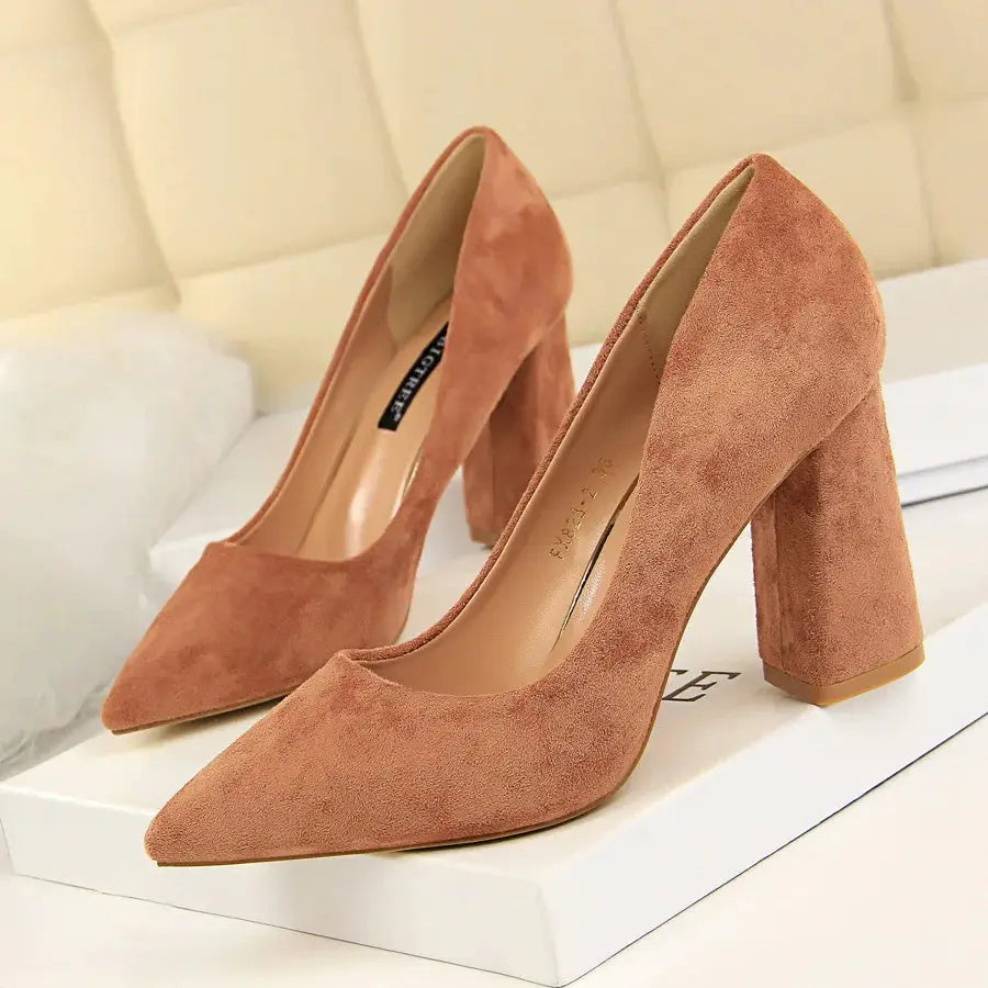 Summer Women 8.5cm High Heels Pumps Escarpins Elegant Sweet Lady Wedding Block Square Middle Heels Flock Suede Nightclub Shoes by All Mart Bristol Ltd
