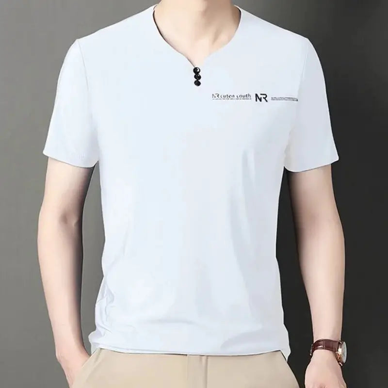 Luxurious Men V-neck T-shirts High end Mulberry Silk Men Short Sleeve Business Tops 2024 Summer Men Casual Tshirt Clothing by All Mart Bristol Ltd