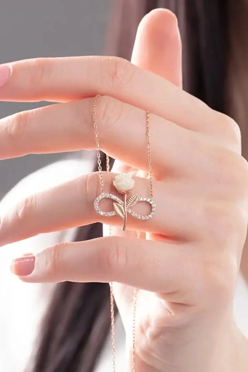925 Sterling Silver Rose Gold Plated White Rose Infinity Necklace with Zircon Stone by All Mart Bristol Ltd