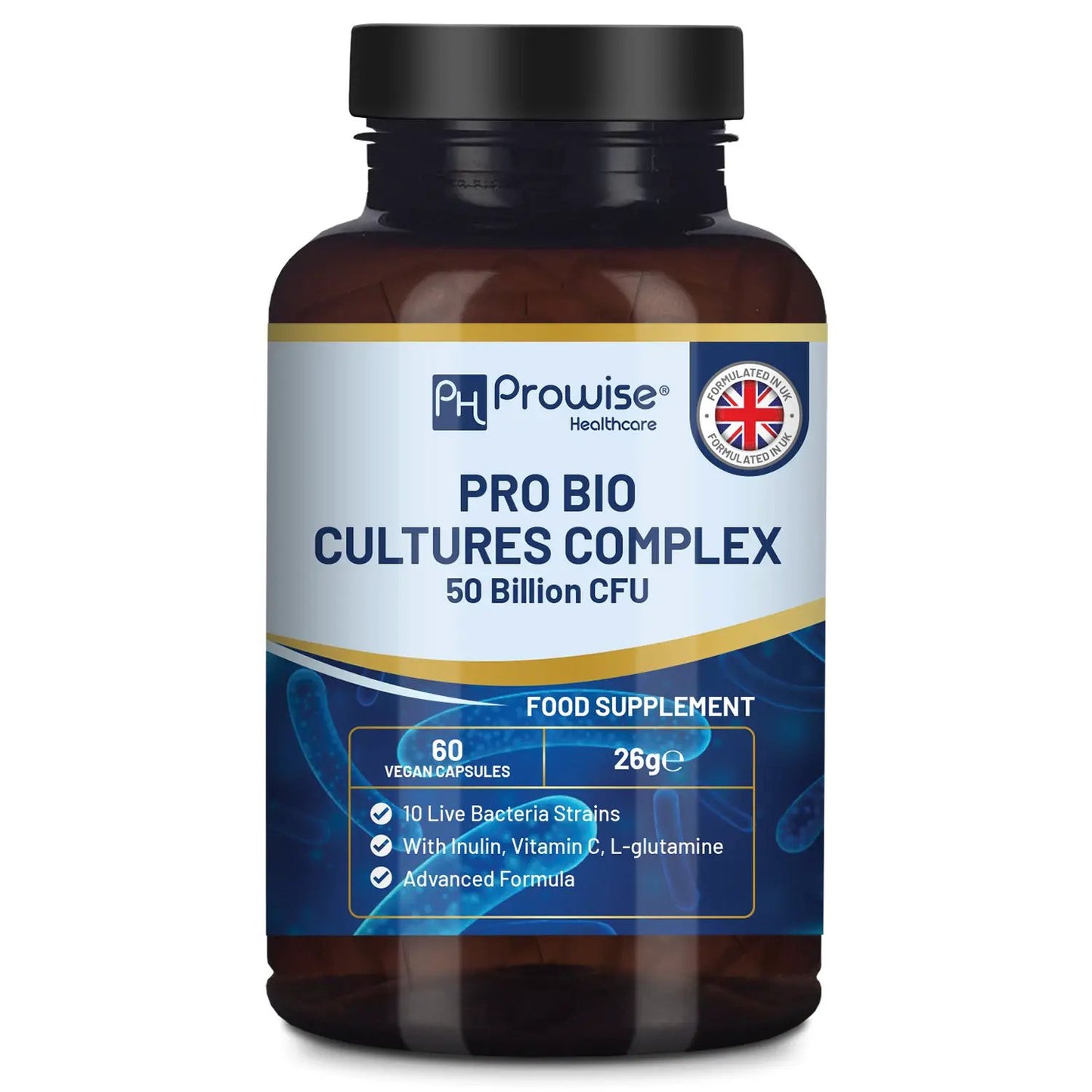 Pro Bio Cultures Complex Probiotics and Prebiotics – Added with Inulin, L-Glutamine & Vitamin C - 60 Capsules by Prowise Healthcare