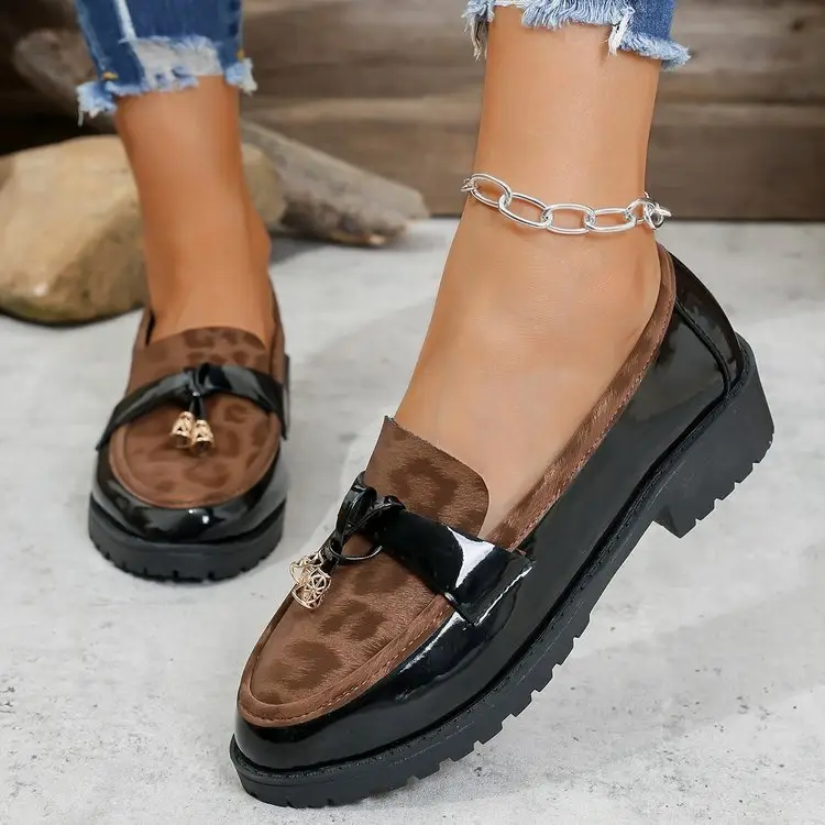 New 2025 Autumn Winter Korean Style Mid-Heel Retro Leopard Print Buckle Loafers, Lightweight Height-Increasing Non-Slip Casual Shoes by Dropshipman